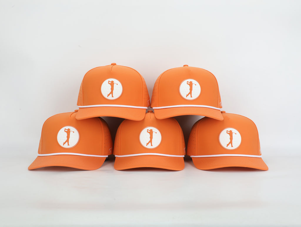 Orange & White Golf Hat with Rubber Golf Ball Patch