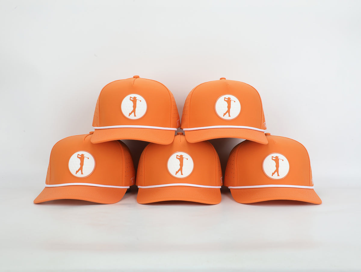 Orange & White Golf Hat with Rubber Golf Ball Patch