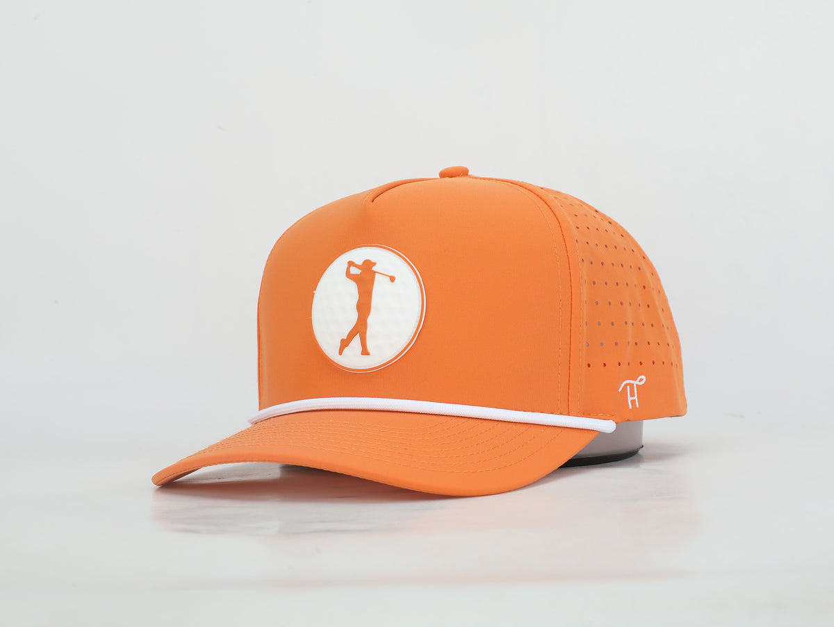 Orange & White Golf Hat with Rubber Golf Ball Patch